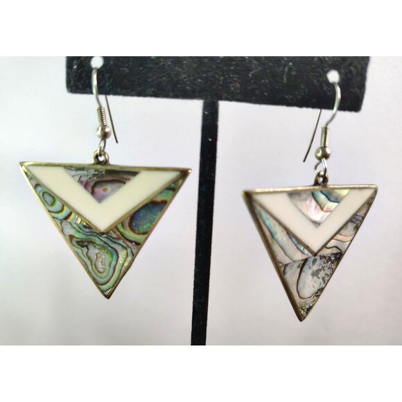 Vintage Alpaca Mexico Sterling Silver Abalone Triangle Dangle Earrings, 2" - Picture 1 of 3